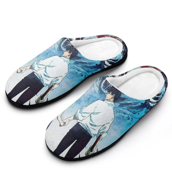 Anime Jujutsu Kaisen Men's Cotton Slippers Winter Fuzzy Lightweight Anti-slip Rubber Sole Slippers House Open Back Slippers Closed Toe Slippers