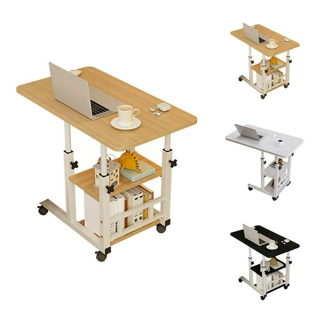 EastVita Table en C à Hauteur Réglable avec Roues, Table d'Appoint Mobile pour Collation avec Planche à Dessin Inclinable, Support de Canapé, de Chevet et d'Ordinateur Portable, Plateau Télé en Forme de C avec Étagères de Rangement, Noyer, 80 x 40 cm
