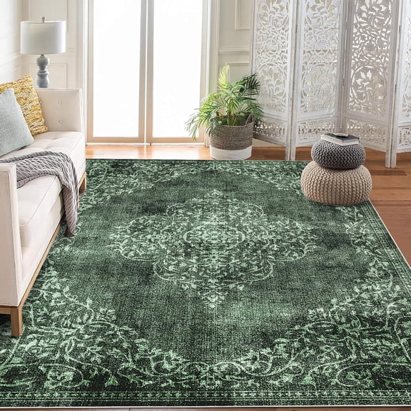 8x10 Washable Area Rug Stain Resistant Non-Slip Backing Green Vintage Living Room Bedroom