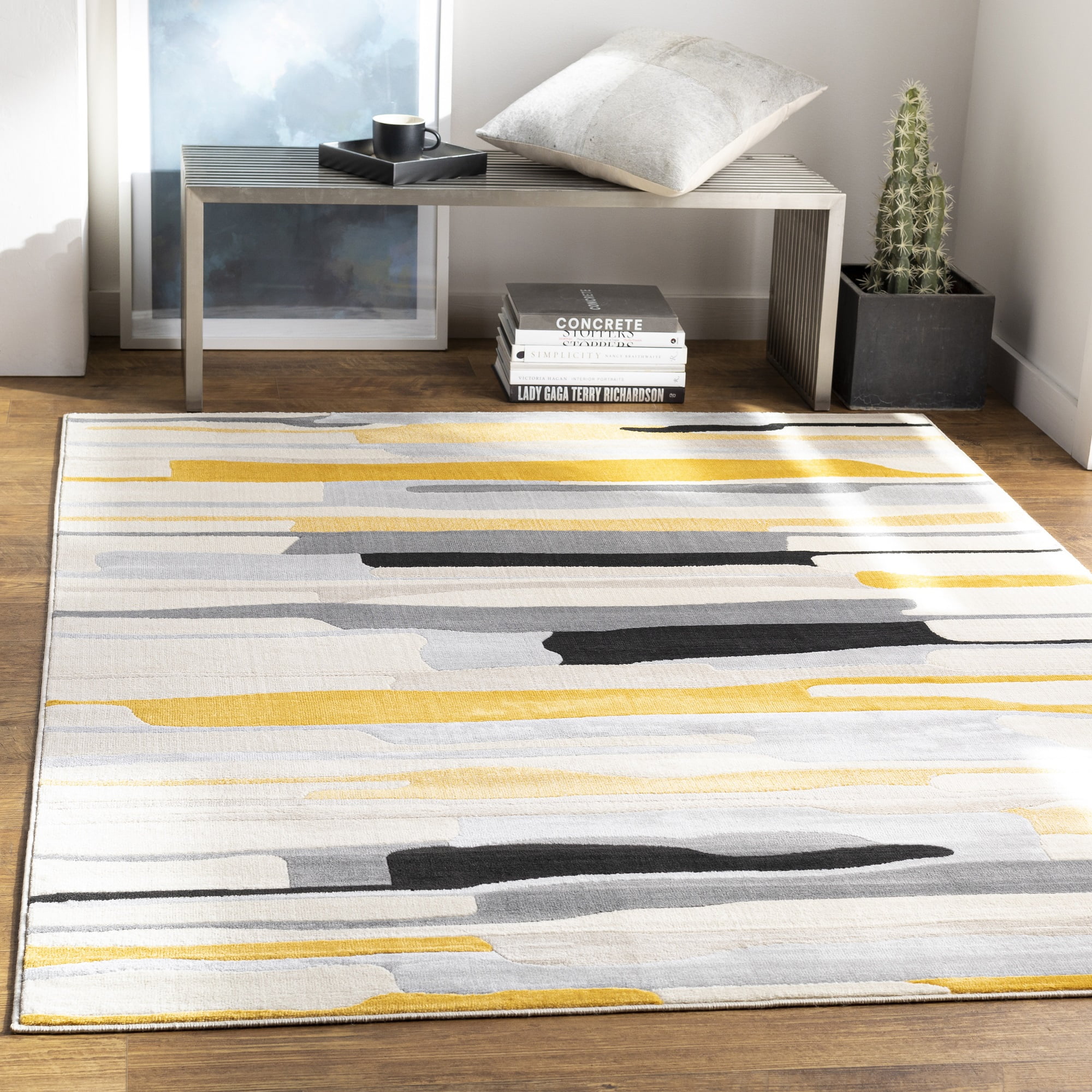 Black and Grey Rug Modern Abstract Pattern Floor Mat Short Pile Room Hall Carpet 