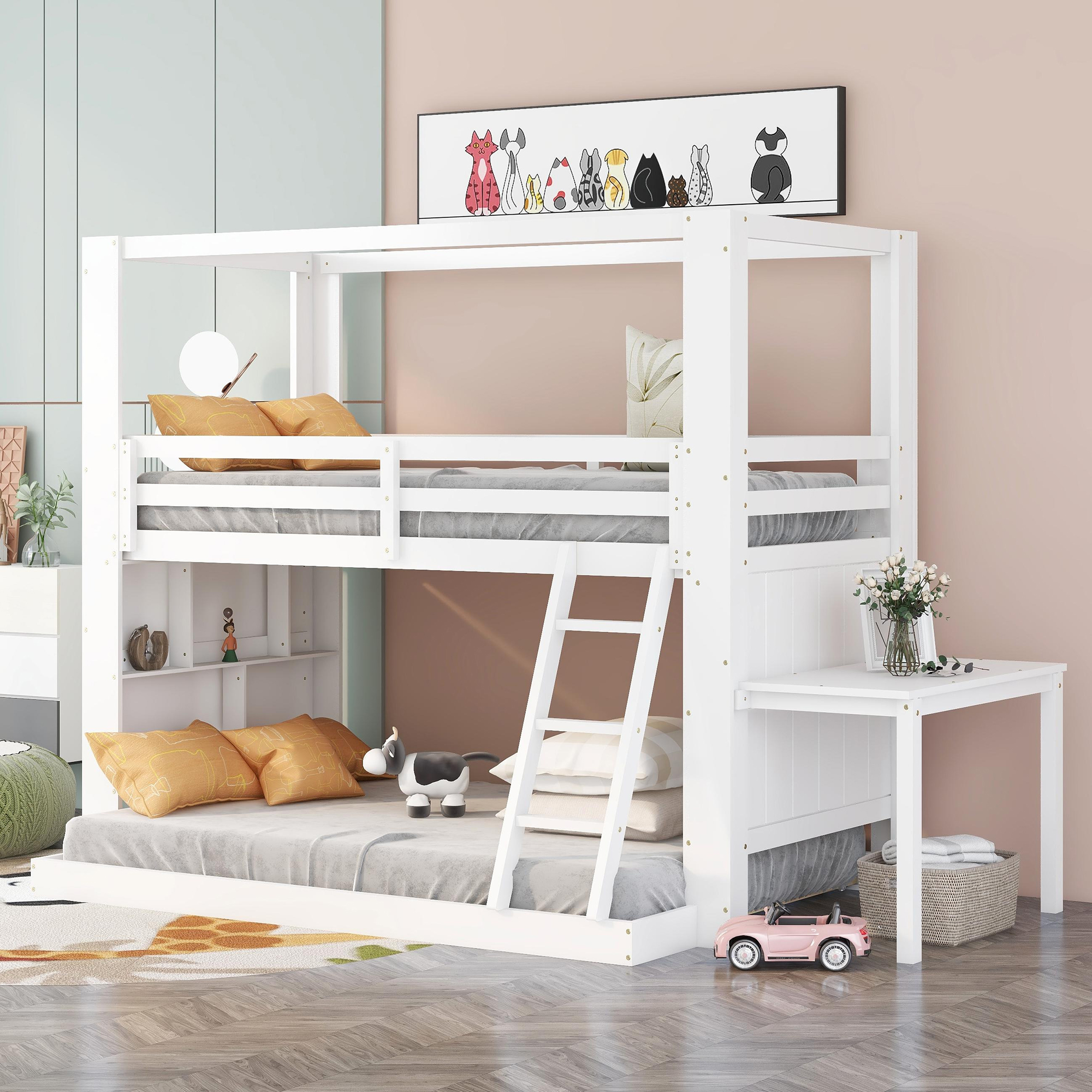 CLEARANCE! Twin Over Full Bunk Bed with Desk Storage Shelves.Reinforced
