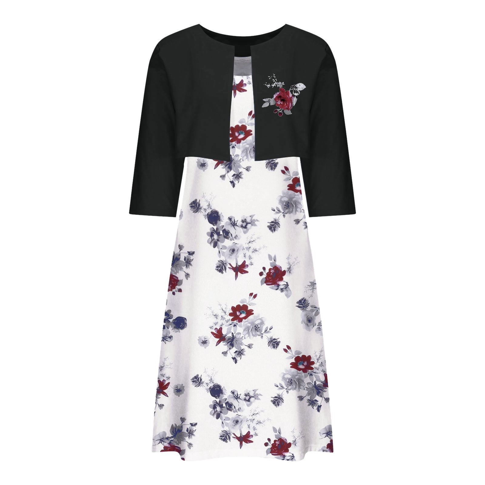 Edvintorg Dress Sets Women's Summer Printed Round Neck Elegant A Line Sling Dress and Half Sleeve Cardigan Tops Set Suit Vacation Two Piece Set
