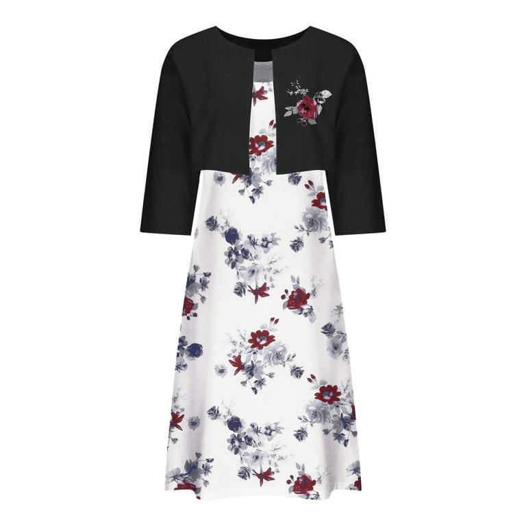 Edvintorg Dress Sets Women's Summer Printed Round Neck Elegant A Line Sling  Dress and Half Sleeve Cardigan Tops Set Suit Vacation Two Piece Set -  Walmart.com
