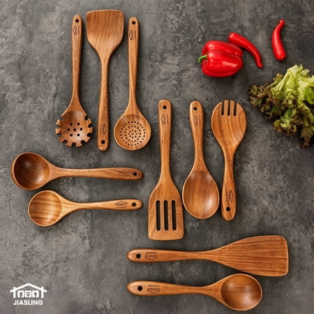 10Pcs Wooden Utensils Set for Non-Stick Cookware Natural Teakwood Cooking Tool Set, Heat Resistant & Scratch Free