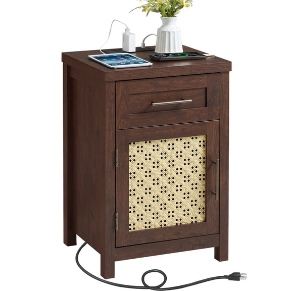 LEYAOYAO End Table with USB Type C Outlet Strip, Boho Style Nightstand with Rattan Decorated Cabinet, Bedside Table for Bedroom, Guest Room, Office