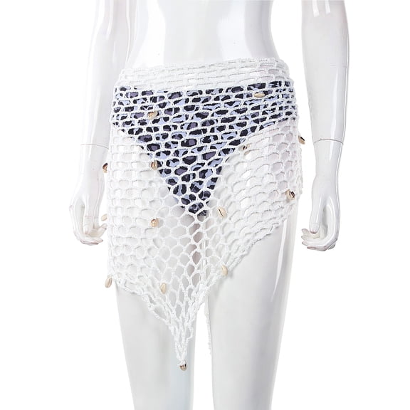 LMLYSoH Women's Swimwear Triangle Wrap, Fishnet Solid Color Shells Swimsuit Skirt Bikini Cover-Up Shawl, Summer Beach Cover Up