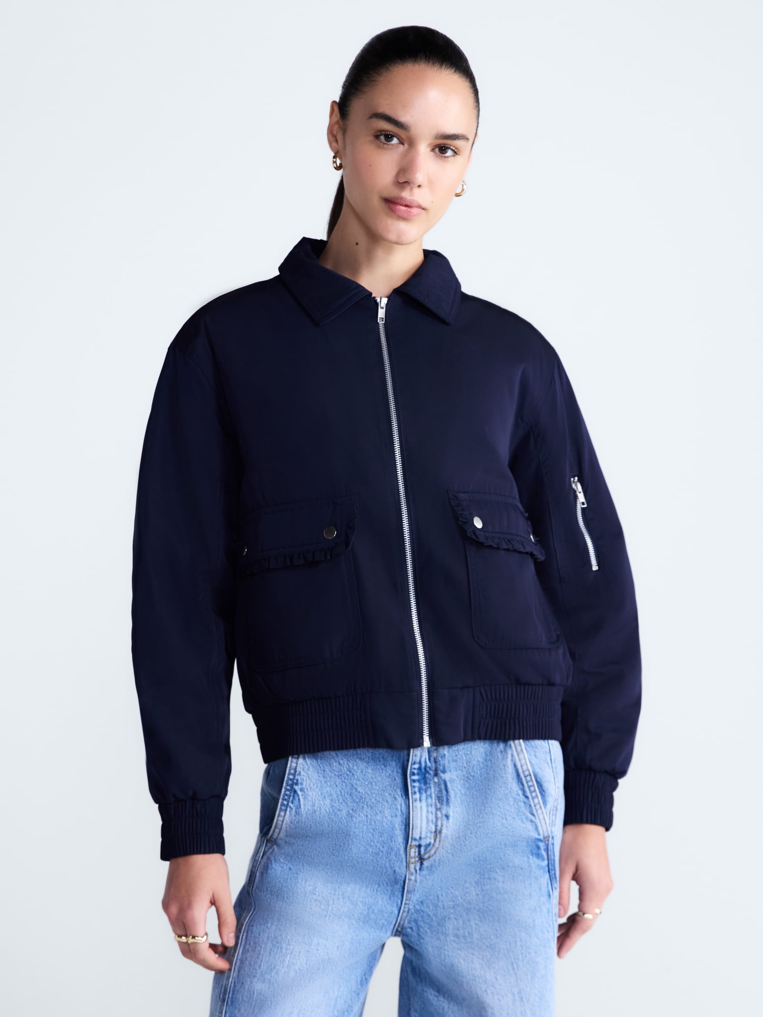 Free Assembly Women's and Women's Plus Ruffle Collar Bomber Jacket, Sizes XS-4X