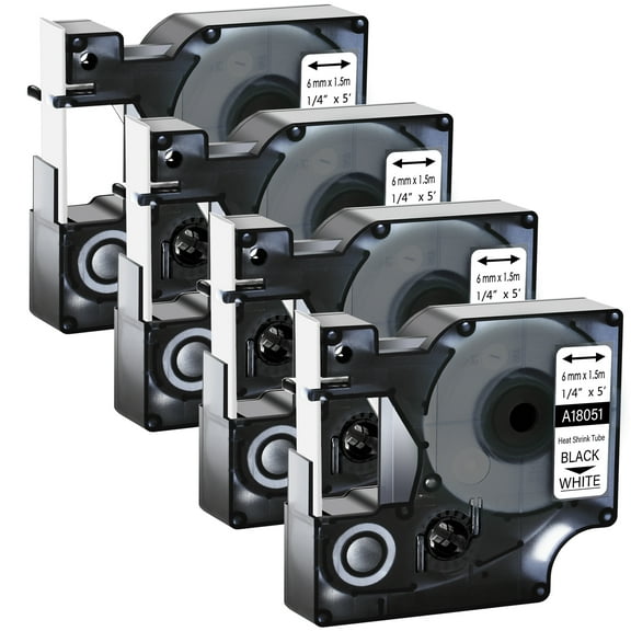 GREENCYCLE 4PK Industrial Rhino Heat Shrink Tubes Compatible for Dymo 18051 Black on White Cable Label Tape (6mmx1.5m,1/4''x5ft) Use in DYMO Rhino Pro 1000 3000 4200 5000 5200 6000 Label Maker