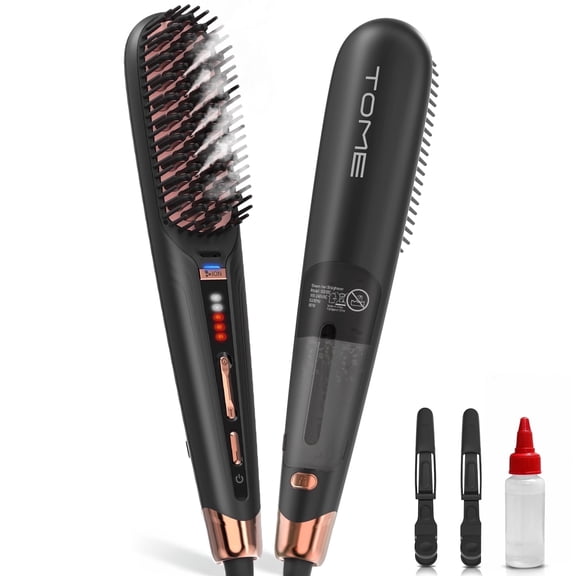 Tome Steam Hair Straightener Brush Dual Voltage, Ionic Straightening Comb Fast Styling for Frizzy & Curly Hair,Black