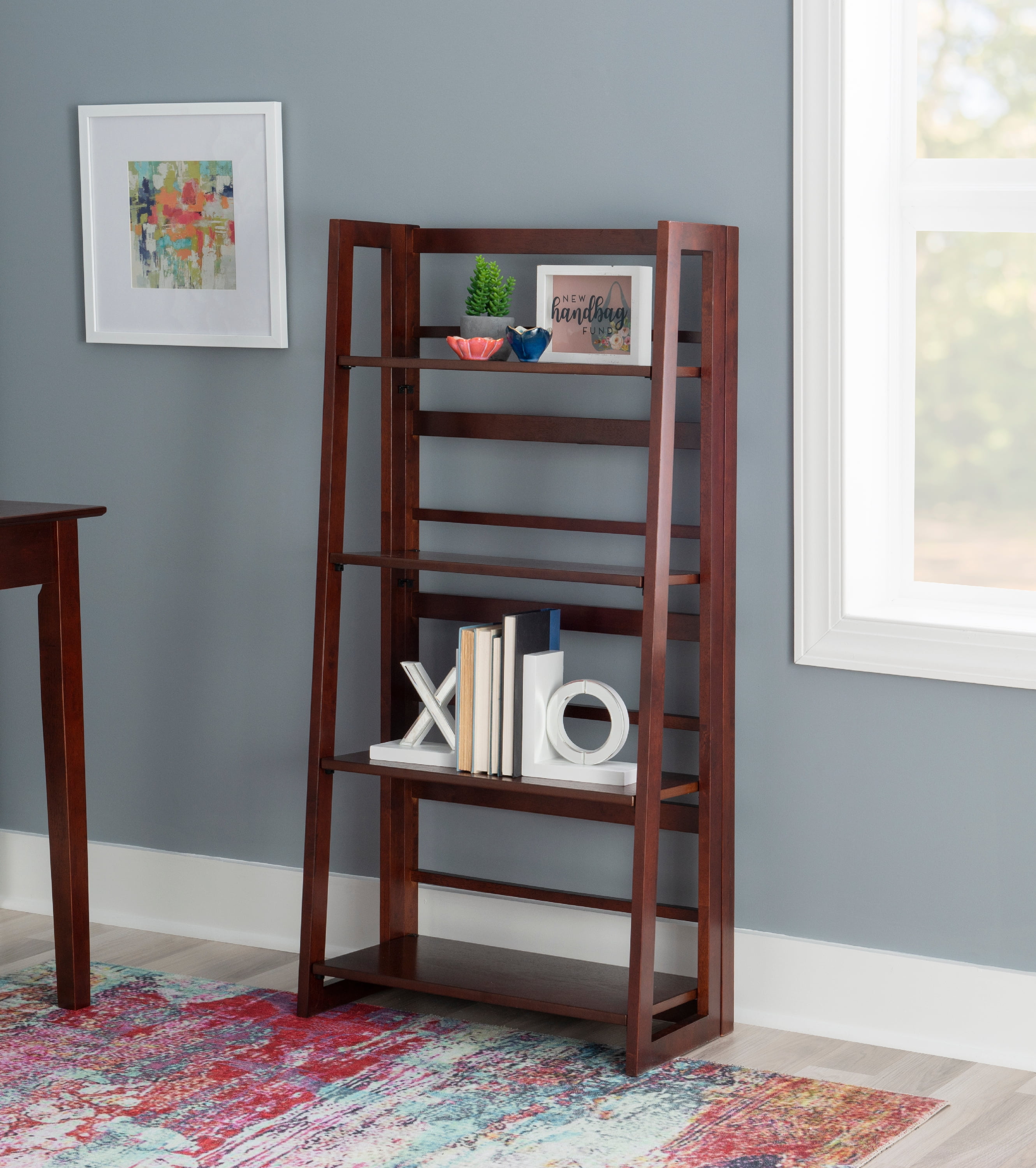 Linon Lenton 4Shelf Folding Ladder Bookcase, 48" Height, Walnut Finish