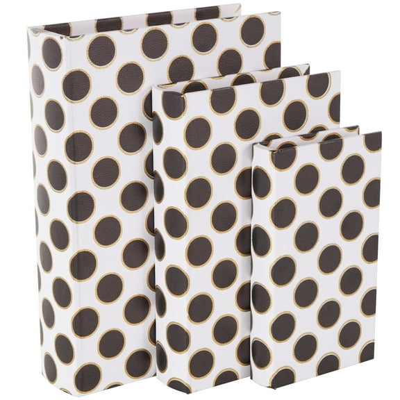 DecMode Polka Dot Faux Book Storage White Faux Leather Decorative Box with Black and Metallic Gold Accents, 3 Count