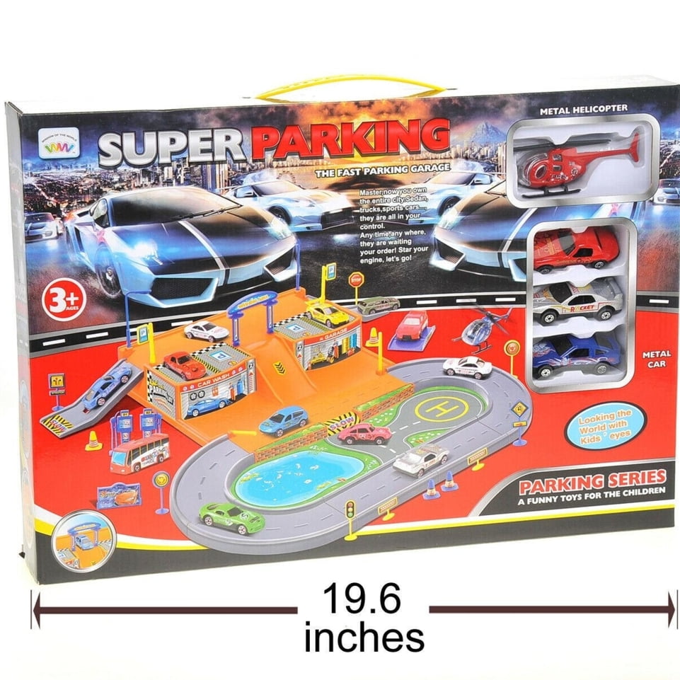Parking Garage Diecast Racing Playset NEW Sports Car Helicopter Raceway Trackset 