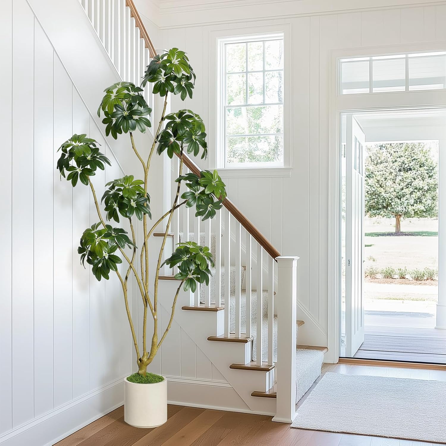 6ft Tall Artificial Umbrella Tree, Fake Indoor Plant with Multiple Trunks, Faux Schefflera Tree in Decorative White Planter, Real Touch Leaves