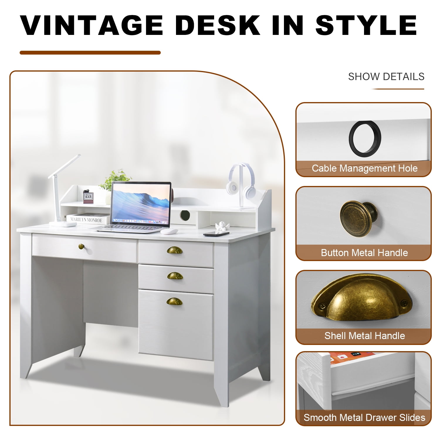 Catrimown Computer Desk with Drawers, 47.5 in White Desk with 4 Drawers, Home Office Desk with Monitor Stand, White