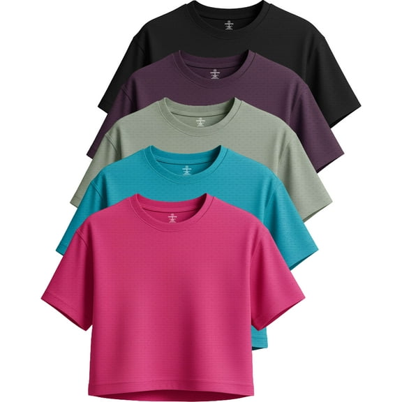 Real Essentials 5 Pack: Women's Dry-Fit Breeze Tech Crop Tops – Short Sleeve Athletic Workout, Yoga Tees (Available in Plus)