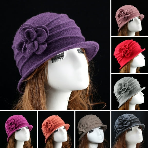 Naierhg Beanie Flower Decor Wide Brim Round Dome Woolen Hat Middle Aged Ladies Elegant Bucket HatPink