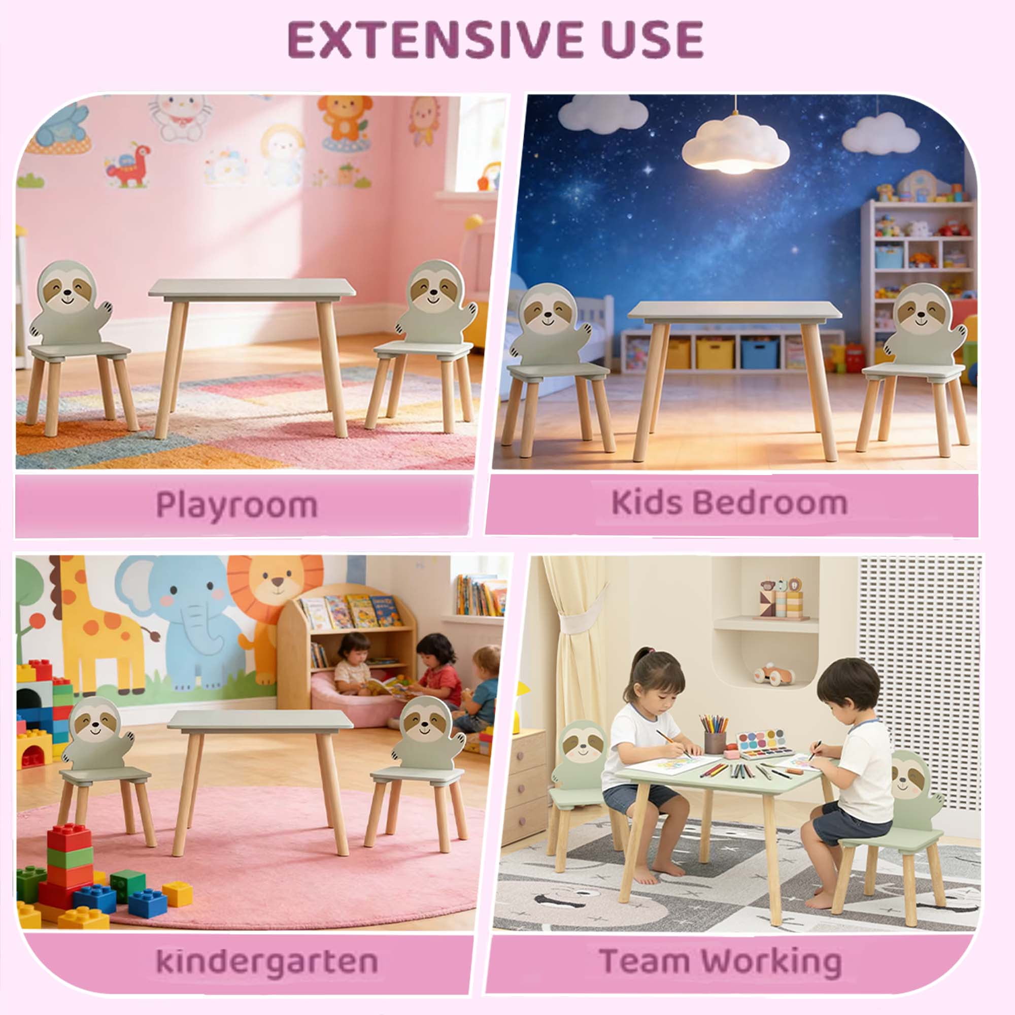 iRerts Kids Table and Chair Set, Animal Themed Kids Wooden Table and 2 Chairs Set, Kids Activity Play Table Set for 3-6 Year Old, Toddler Table and Chair Set for Reading, Drawing, Jigsaw Puzzles
