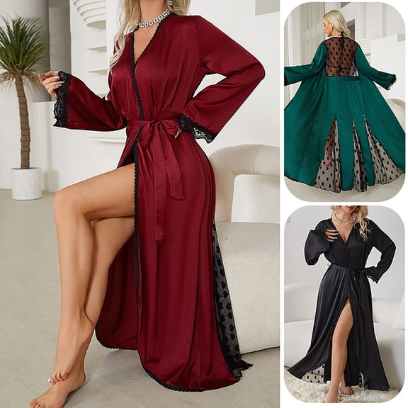 Sakmal Women's Robes Plus Size Long Length Satin Bathrobe for Women Black Cute Robe for Women L