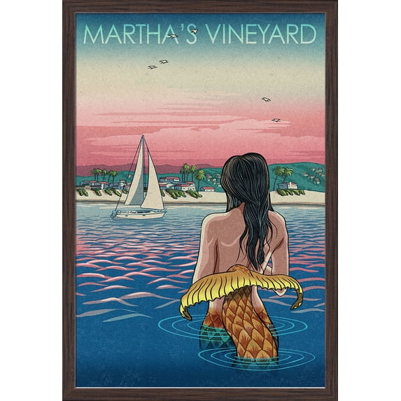 Martha's Vineyard - Mermaid & Beach - Lantern Press Artwork (16x24 Giclee Art Print, Gallery Framed, Espresso Wood)