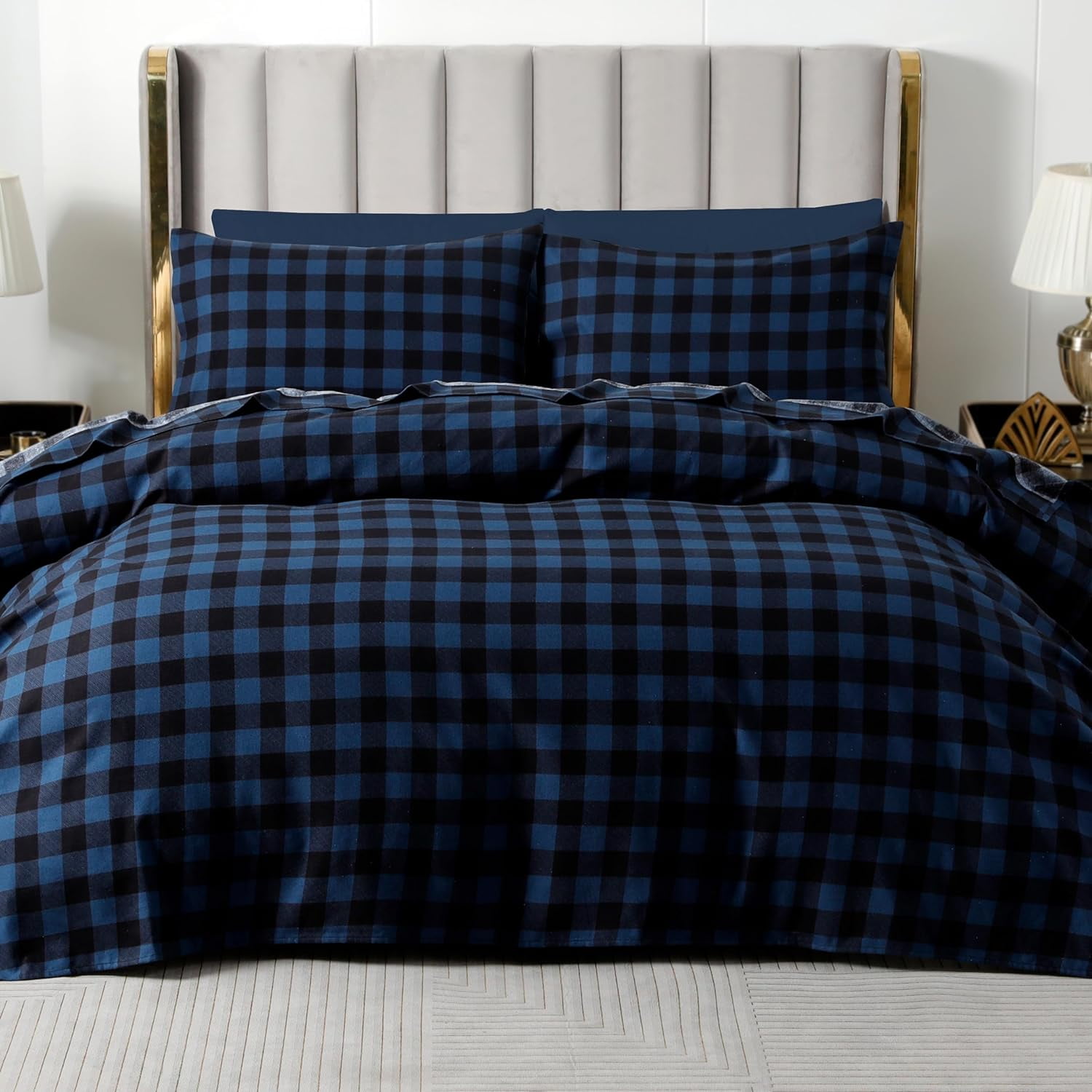 Elegant Comfort Soft 4-Piece Cotton Flannel Sheet Set -Deep Pocket Fitted Sheet, Flannel Sheets - King, Buffalo Check Blue