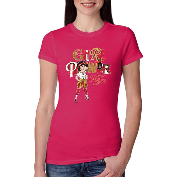 Wild Bobby, Betty Boop Winking Girl Power Femenist Betty Boop Womens Slim Fit Junior Tee, Raspberry, Medium