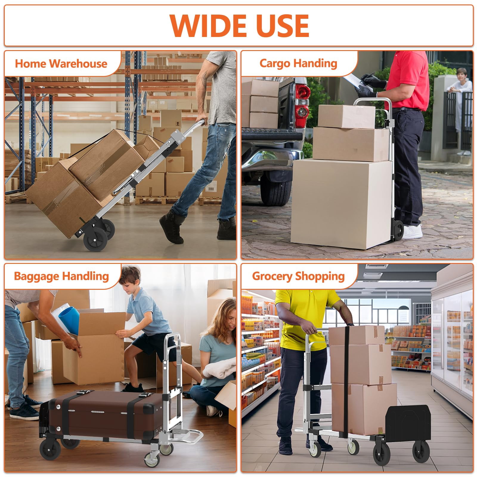 3-in-1 Heavy Duty Folding Dolly, Convertible Hand Truck Portable Steel with Telescopic Handle & Dolly Cart with Rubber Wheels, 580LB Capacity,Silver