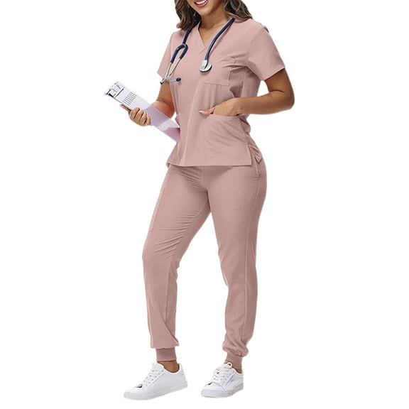 Women's Scrubs Quick Drying Ultra Soft Pocket short Top and Pants Womens Scrub Sets Pink L