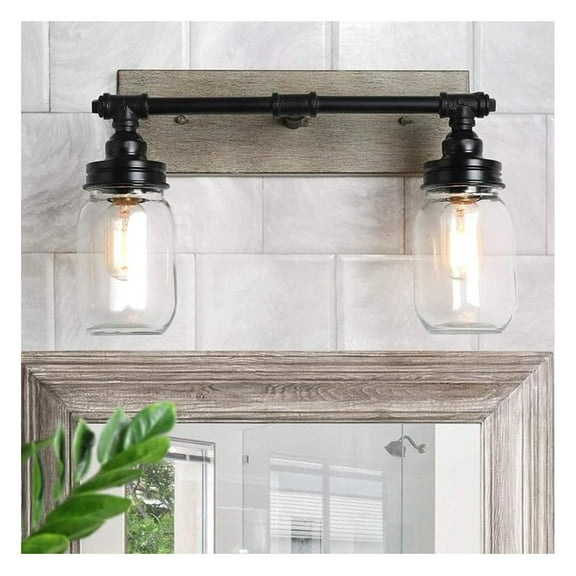 Faux-Wood Bathroom Light Fixtures, Farmhouse 2 Vanity Light with Mason Jar Shades (Black Finish)