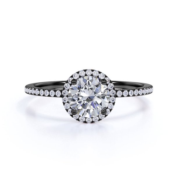 JeenMata Anillo de Compromiso de 1 Quilate con Corte Redondo y Halo Pavé en Baño de Oro Negro de 18 K sobre Plata