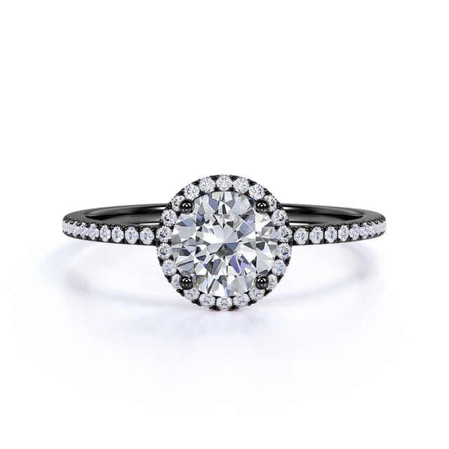 JeenMata Anillo de Compromiso de 1 Quilate con Corte Redondo y Halo Pavé en Baño de Oro Negro de 18 K sobre Plata