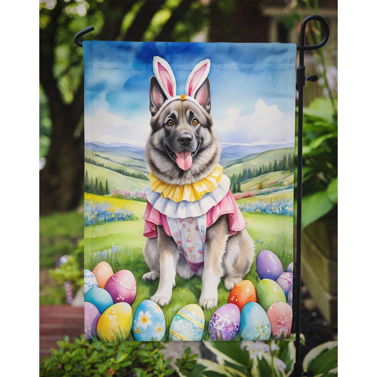 Norwegian Elkhound Easter Egg Hunt Garden Flag 11.25 in x 15.5 in