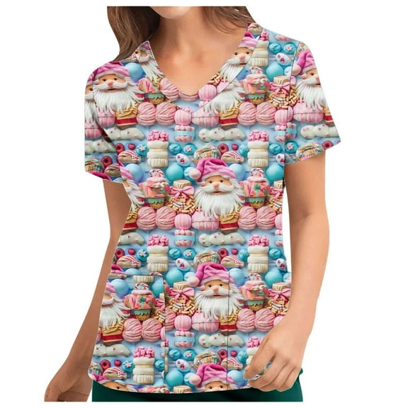 Alkepwun Christmas Scrubs for Women V-Neck Scrub Top - Holiday 3D Prints Cute Santa Clause Short Sleeve T Shirts, 2 Pockets, Easy Care Uniforms Nurse Gifts