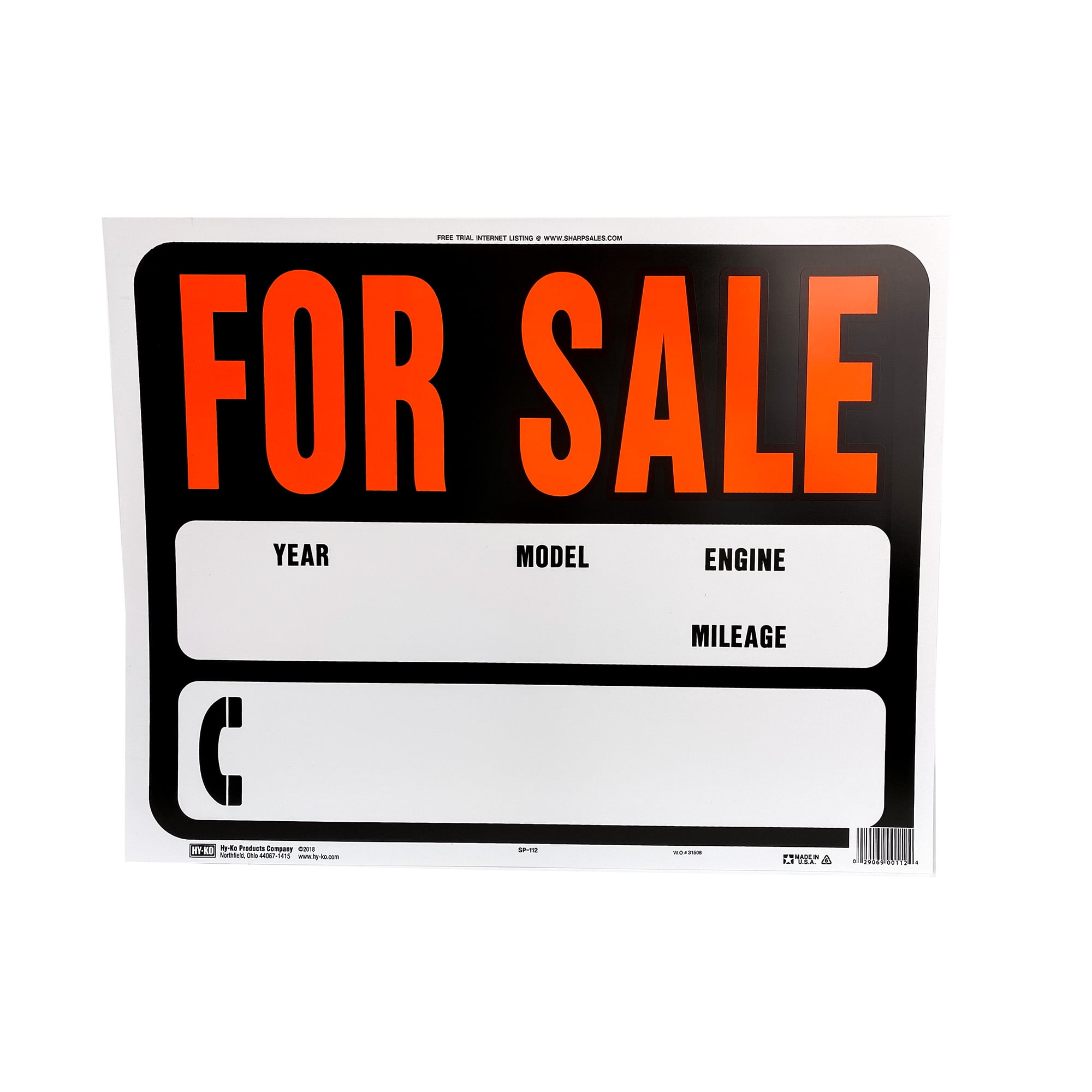 Hy-Ko Hy-Glo Series SP-112 Jumbo Identification Sign, for Sale, Fluorescent Orange Legend, Plastic