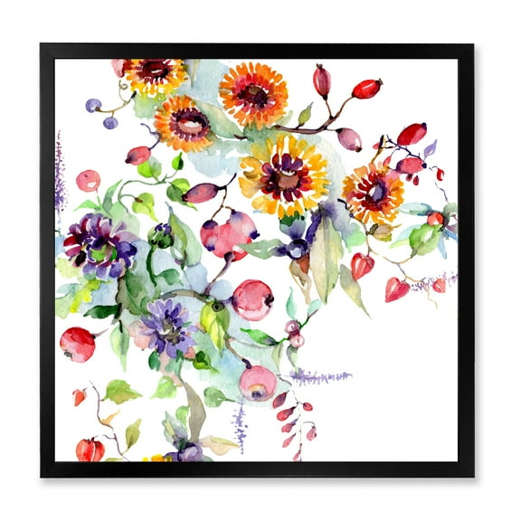 Wildflowers and Vibrant Wild Spring Leaves XI 36 in x 36 in Framed Painting Canvas Art Print, by Designart