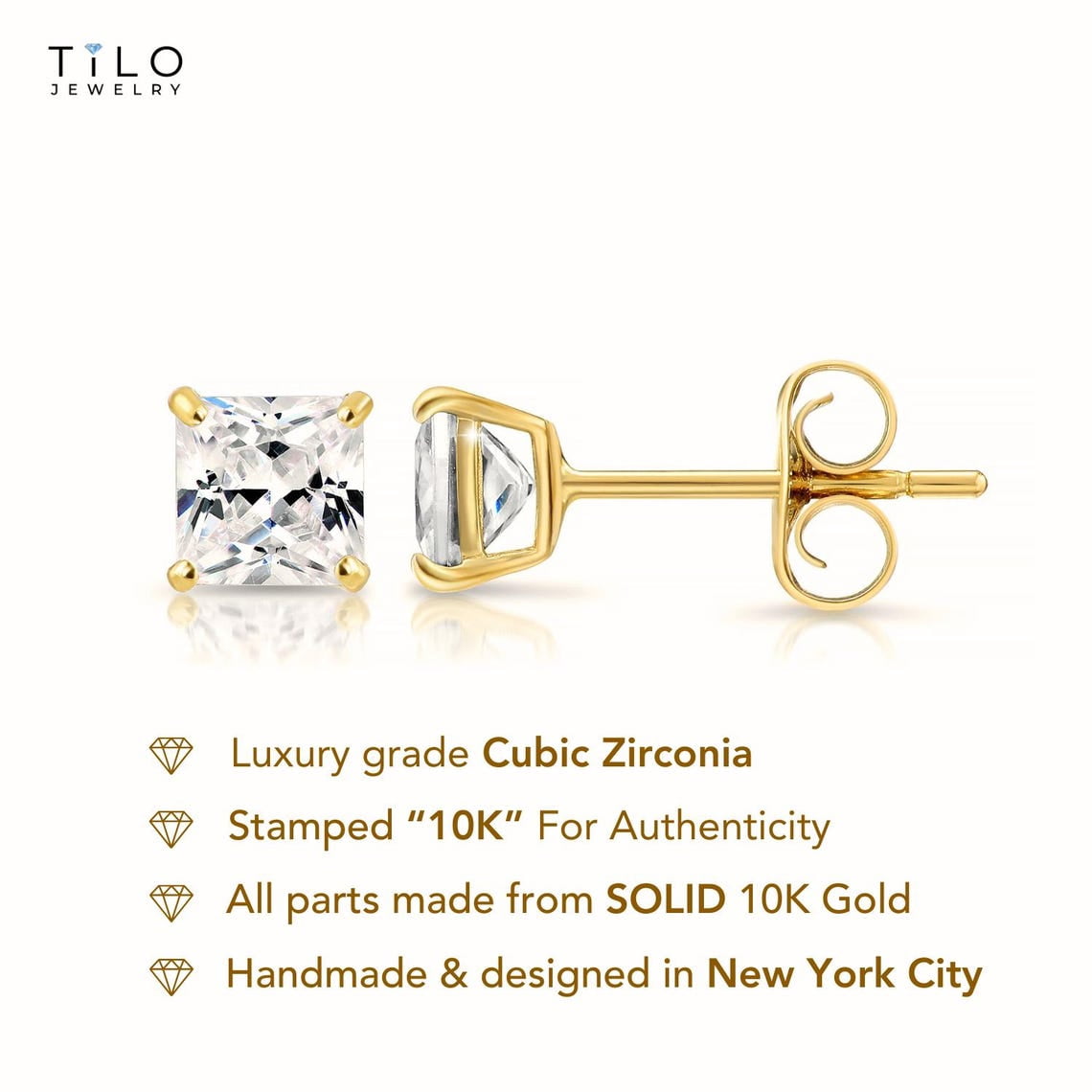 Tilo Jewelry 10K Yellow Gold Solitaire Princess-Cut CZ Stud Post Earrings with Secure Push-backs | 3mm | Classic Everyday Earrings | Women, Men, Unisex