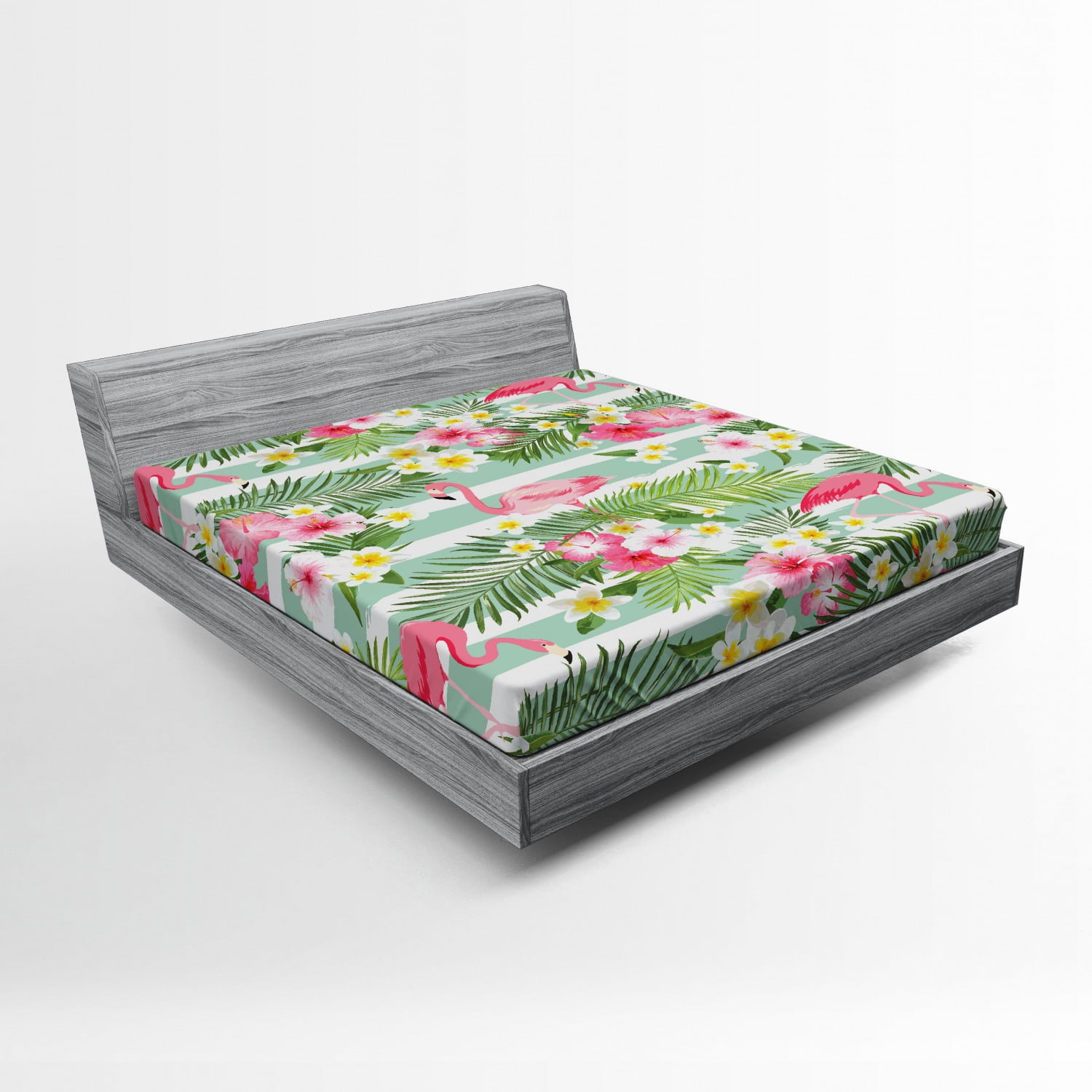 Flamingo Fitted Sheet, Flamingos with Exotic Hawaiian Leaves Flowers on