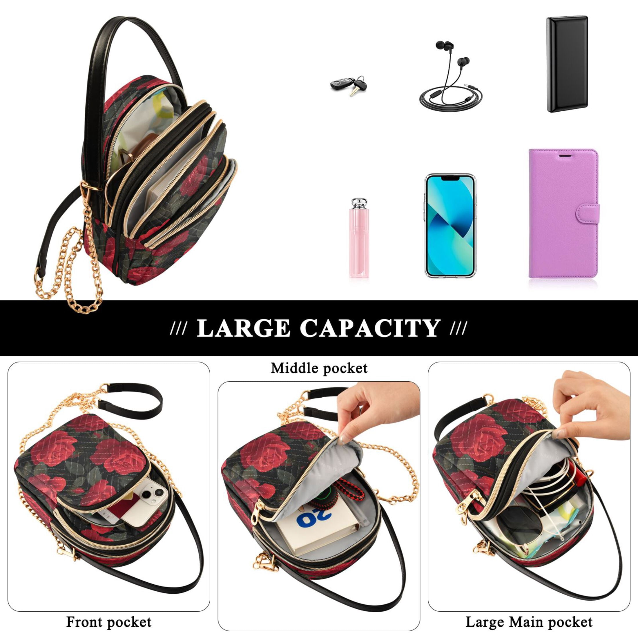 Quilted Women's Crossbody Bag Purses and Handbags with Detachable Leather Strap Red Roses Pattern