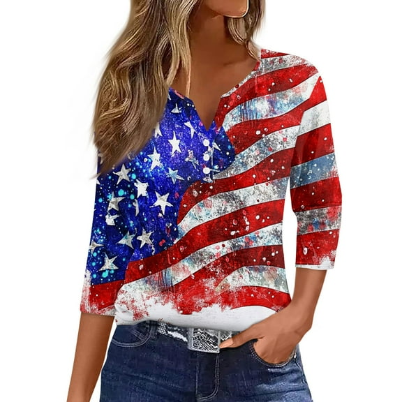 ADSSDQ 3/4 Length Sleeve Womens Tops 4th of July Button Down Shirts for Women Summer Top 2025 Patriotic American Flag Stars Stripes Graphic Tees Blue 2XL