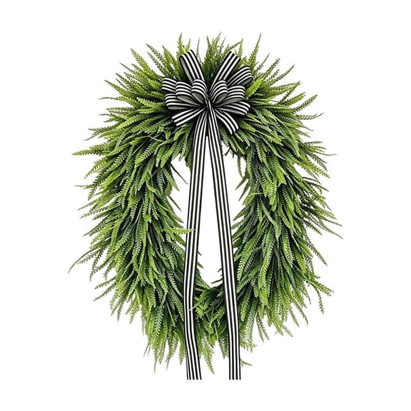 Green Fern Wreath With Black White Striped Bow For Front Door Farmhouse Decor Artificial Garland