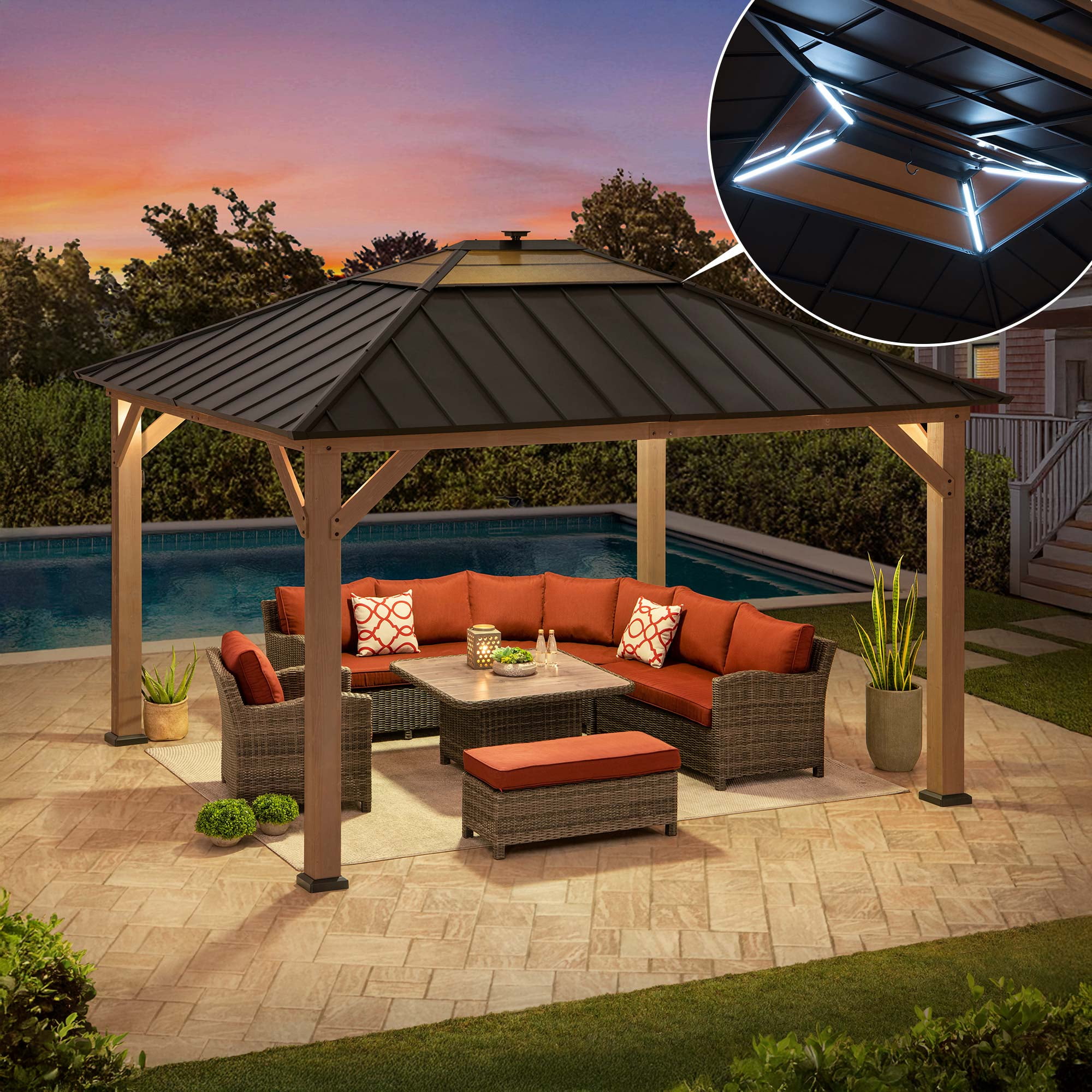 Sunjoy 11’ x 13’ Grayden Wood Gazebo , Outdoor Patio Solar Powered Hardtop Gazebo with One-Tier Metal Roof, LED Light and Ceiling Hook