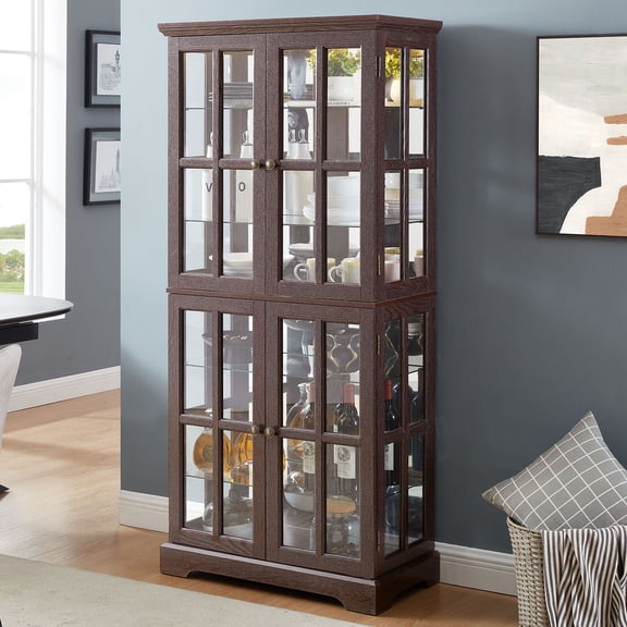S-HOME Vintage Showcase with Four Doors and Integrated Lighting, Glass and MDF Construction for Collectibles, Cherry