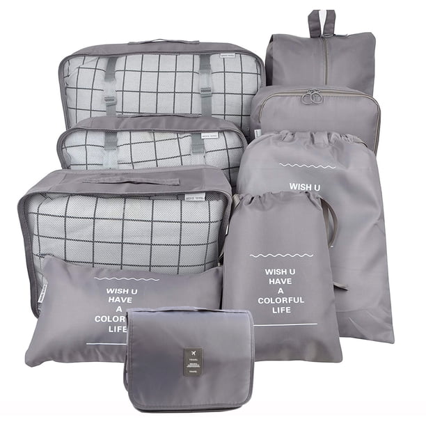 Bolsa de almacenamiento de viaje, conjunto de nueve piezas, bolsa de lavado, bolsa de almacenamiento para clasificación de ropa, conjunto de almacenamiento de viaje