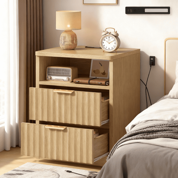 Nightstand With Charging Station And Led Light, 2 Storage Drawer And Open Shelf, Modern Bedside Table For Small Space, For Bedroom, Living Room, Natural