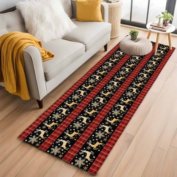 Christmas Reindeer Kitchen Runner Rug 2x6 Washable Runners for Hallway Non Slip Red Farmhouse Checker Xmas Snowflake Large Area Rug Indoor Floor Carpet for Bathroom Laundry Entryway Bedroom