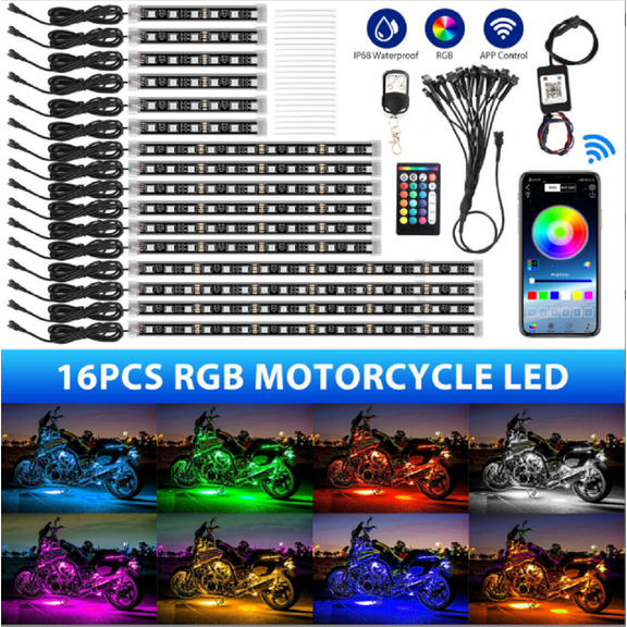 16PCS Motorcycle LED Light Kit, APP & Music Sync Control, Waterproof RGB Underglow Lights for Harley Honda Kawasaki Suzuki