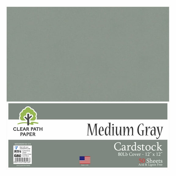Medium Gray Cardstock - 12 x 12 inch - 80Lb Cover - 50 Sheets - Clear Path Paper