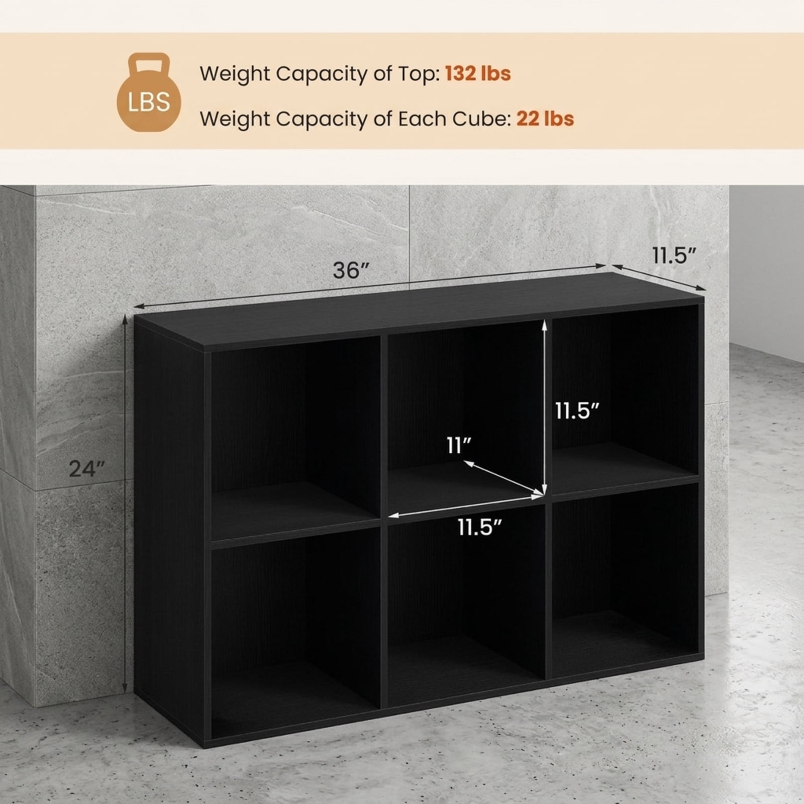 Furnibear Modern 6-Cube Bookcase Freestanding Storage Bookshelf with Anti-Tipping Kits and Non-Slip Pads for Living Room, Black