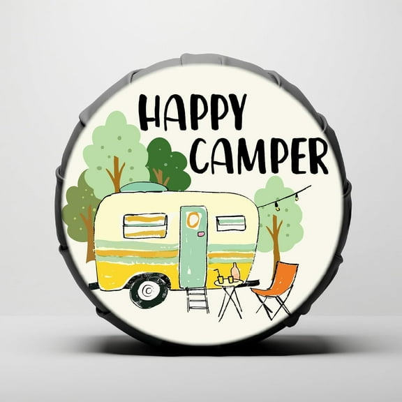 Happy Camper Tire Cover Camping Spare Tire Covers Polyester Soft Weatherproof Universal Wheel Tyre Protector with Contraction Strap for Car Trailer RV SUV Truck Camper Travel 29.5 Inch