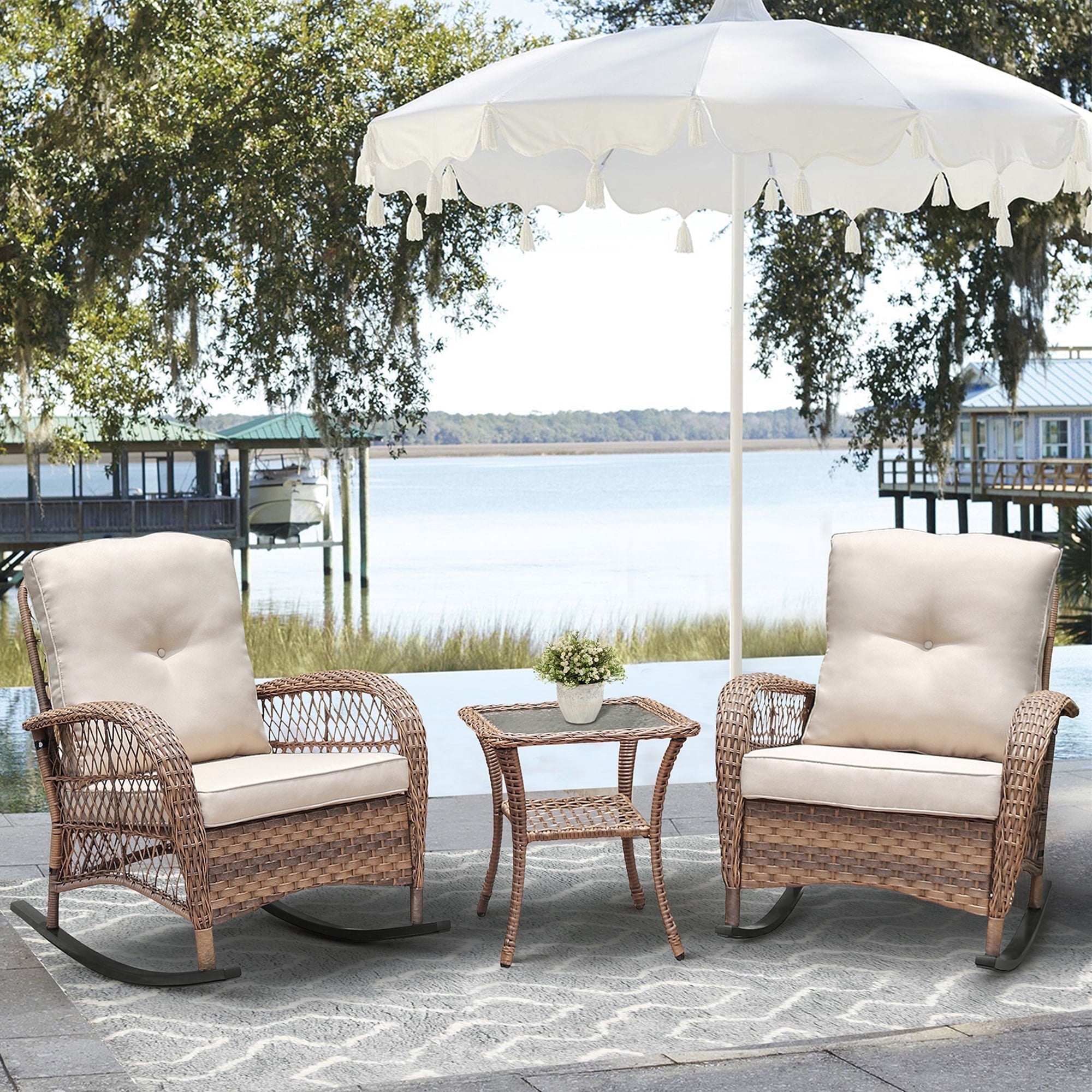 ATR ART to REAL Patio Wicker Rocking Furniture Sets,Rattan Rocker Chair Sets with Side Table for Porch, Khaki(Beige Wicker)