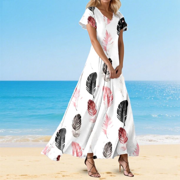 WILLBEST Vestido Casual De Moda Para Mujer, Vestido Floral Suelto Con Cuello En V, Estilo Casual De Verano, Elegante Vestido De Playa Para Fiesta Y Uso Diario 2761